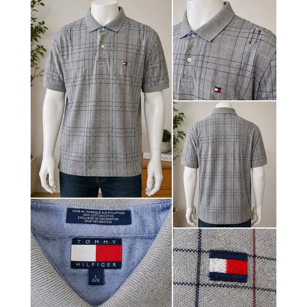 Tommy Hilfiger Gray Plaid Polo Shirt Classic Preppy Logo Men's Large